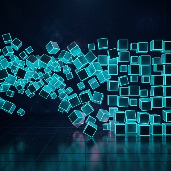 Cubes tumbled and scattered on the left settling gradually into an ordered aligned arrangement toward the right, over a reflective grid floor