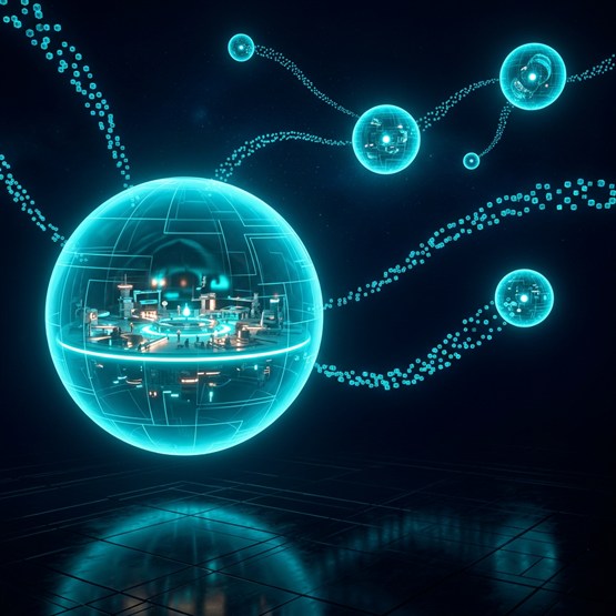 One large translucent sphere in the foreground with a level platform of structures visible inside it, smaller spheres trailing away behind, cubes streaming along the connections