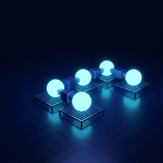 Several glowing node spheres on level platforms connected by cube-shaped spans, one calm legible environment on a dark reflective floor
