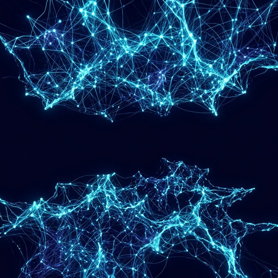Two dense lit regions of nodes and connections, each running off the frame, separated by a wide empty gap that nothing crosses