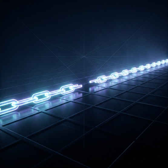 A chain of glowing links crossing a grid plane with one link missing, the perspective converging on the break