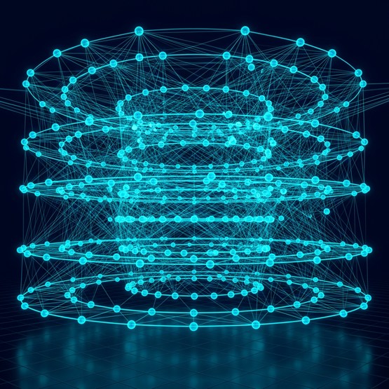 A large complex distributed system seen whole, many glowing nodes in stacked level rings densely interconnected across depth