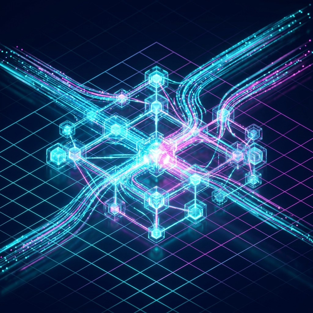 Isometric lattice of glowing cyan service nodes on a luminous grid floor, cyan and magenta telemetry streaming through it in real time