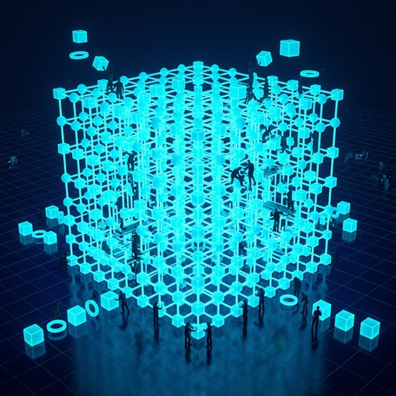 An open cube-lattice framework being built together by many small figures adding cubes from all sides