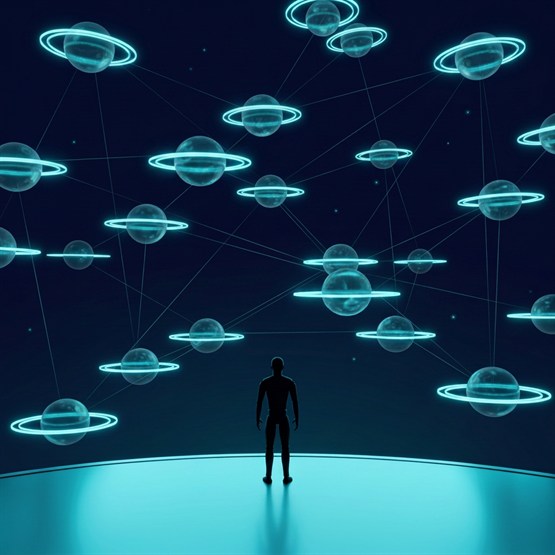 A lone figure standing on a lit platform looking up into their live system, translucent service spheres on level glowing rings arrayed around them and linked by fine lines