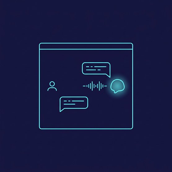 A clean window showing a conversation with the AI: a person, chat bubbles, a voice waveform, and a glowing AI presence, the lightweight chat and voice surface