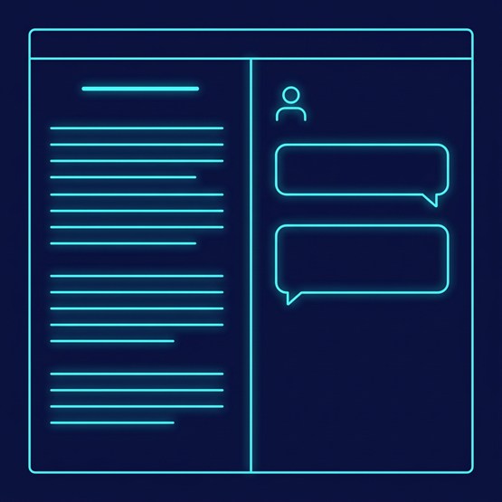 A clean split window: a text document on the left, an AI assistant panel with a person and chat bubbles on the right, the lightweight AI companion surface