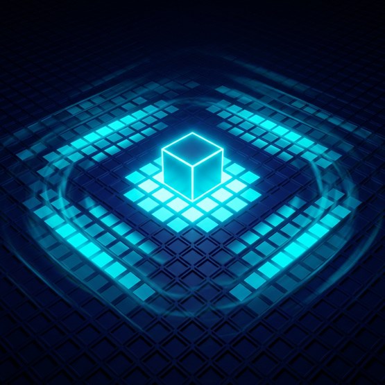 A single lit cube on a dark grid floor with the tiles around it lighting up in a widening spread outward