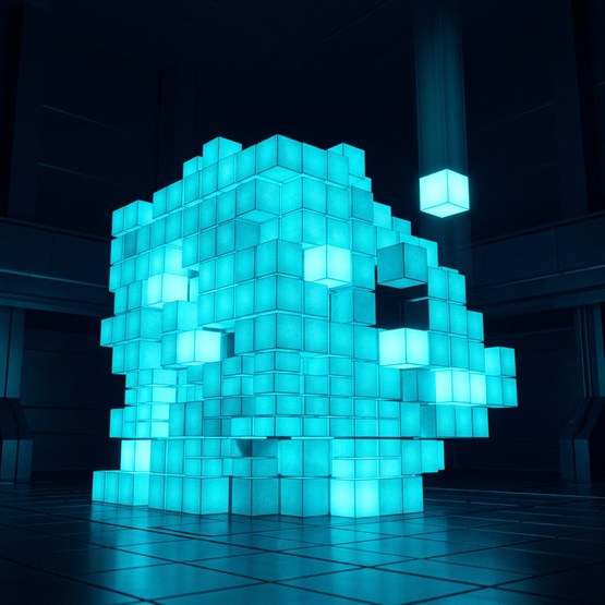 A large mass of glowing cubes with one cube-shaped gap in it, and a single cube descending vertically to fill exactly that gap