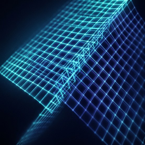 Two glowing grid planes meeting at an angle, their tile rows interlocking along the seam where they join