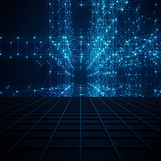 An empty dark grid floor in the foreground ending at a clear edge, beyond which a vast luminous lattice of nodes and connections rises and extends away
