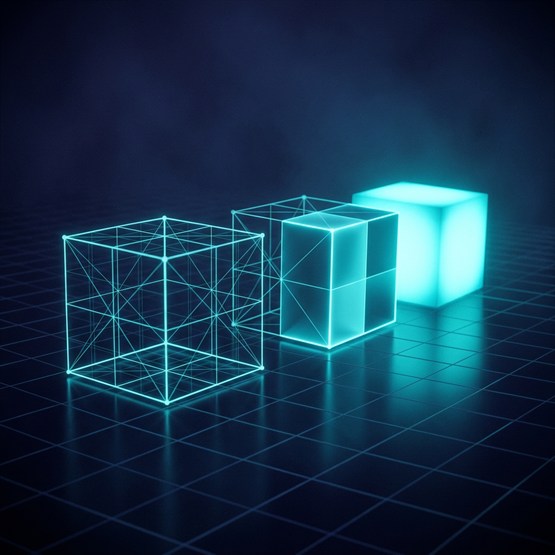 Three cubes on a grid floor showing a progression from wireframe with construction lines, to half solid, to fully solid and lit