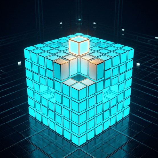 A warm-lit cube descending into an open slot in a larger glowing cube structure, about to complete it