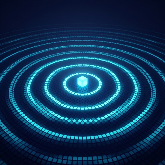A single small cube on a dark grid floor throwing expanding rings of lit tiles that run off every edge of the frame