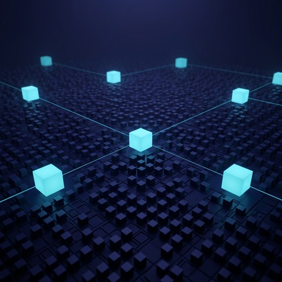 A dense field of small dim cubes on a grid floor with a few brightly lit ones spaced among them, thin lines connecting the bright few