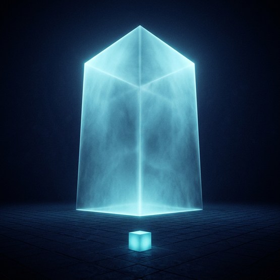 A small solid cube on a grid floor beneath an enormous translucent cube of the same shape, many times its size