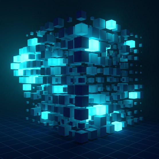 A large cube-shaped mass built from many smaller cubes at different depths and brightnesses, with one bright recent group extending it outward at the edge