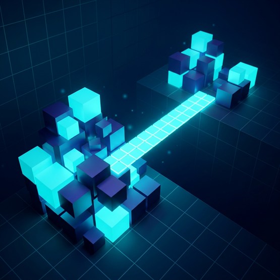 Two separate cube regions on a grid floor joined by a brightly lit run of tiles bridging the gap between them