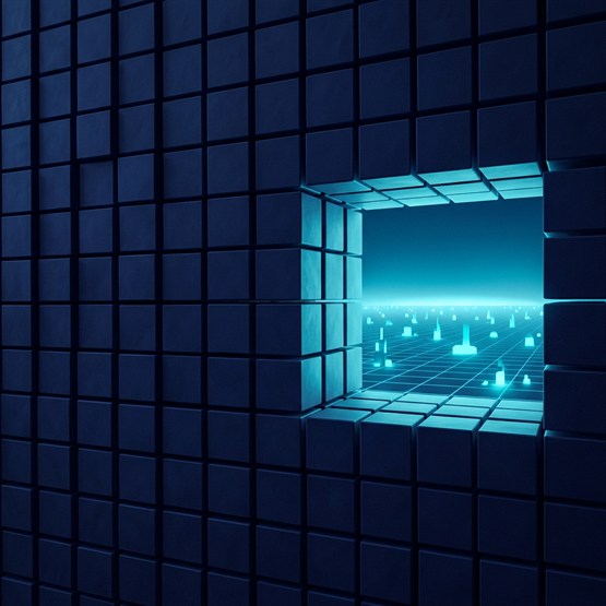 A dark wall of packed cubes with one cube-shaped opening cut through it, looking out onto a bright open landscape receding to a distant horizon