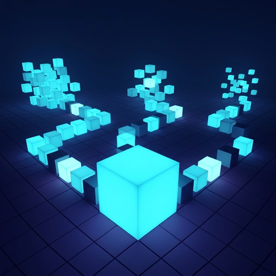 One large lit cube in the foreground with three tile paths leading from its base to three different clusters of cubes in the distance