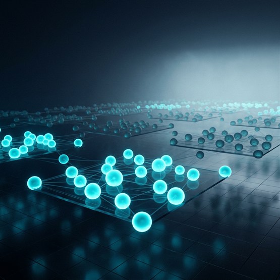Bright connected clusters of glowing nodes in the foreground thinning into a hazed field of dimmer nodes receding into fog