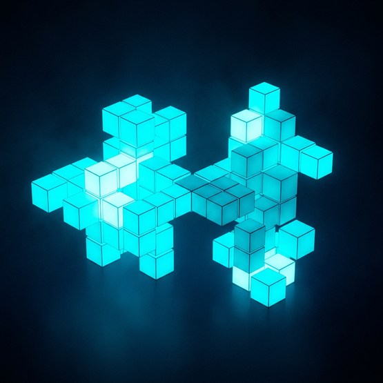 Two differently shaped cube structures meeting and interlocking along a shared face at the center