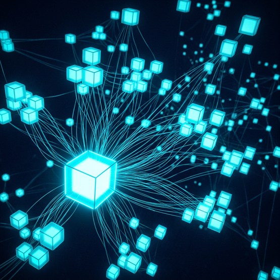 One bright cube with lit connections fanning out to many separate cube structures spread around it at different distances