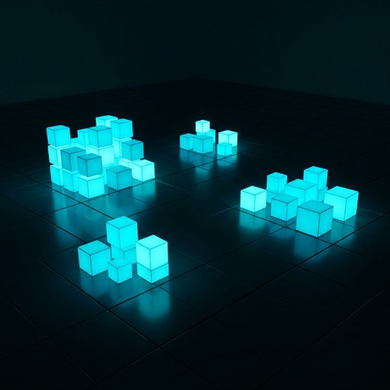 Four separate clusters of glowing cubes spread across a dim reflective grid floor, each self-contained and all visible together in one view