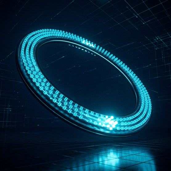 A ring of glowing cubes circulating continuously around a tilted loop, a bright leading edge showing the direction of flow