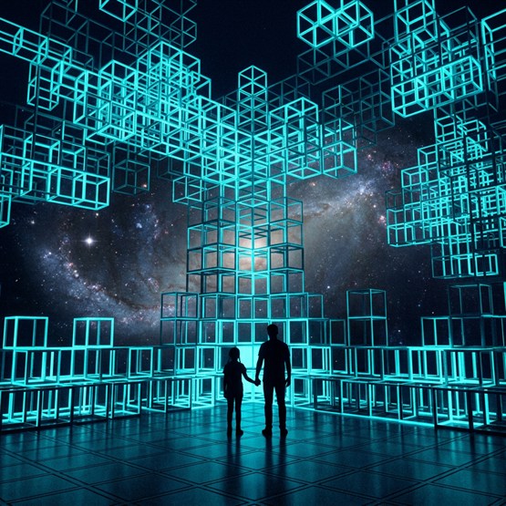 An adult and a child seen from behind standing together inside an open lattice of glowing cubes, a galaxy visible beyond
