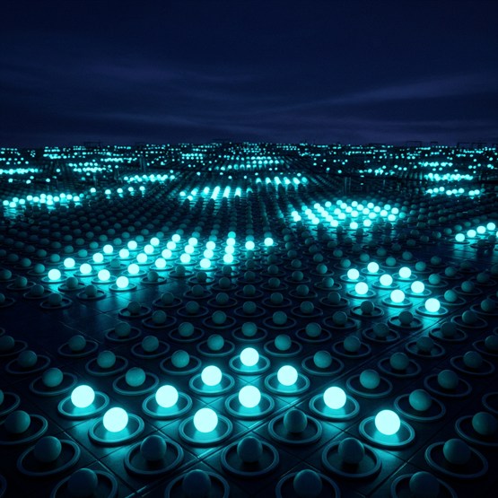 An infrastructure field of node spheres receding to the horizon, some glowing bright and running, many the same size but dim and idle