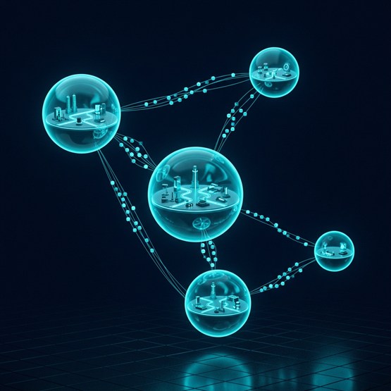 Translucent spheres of different sizes in a force-directed layout, each holding a level platform of structures inside, with streams of small cubes travelling along the connections between them