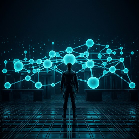 A person seen from behind standing before a clear network of connected glowing nodes resolved and readable at eye level